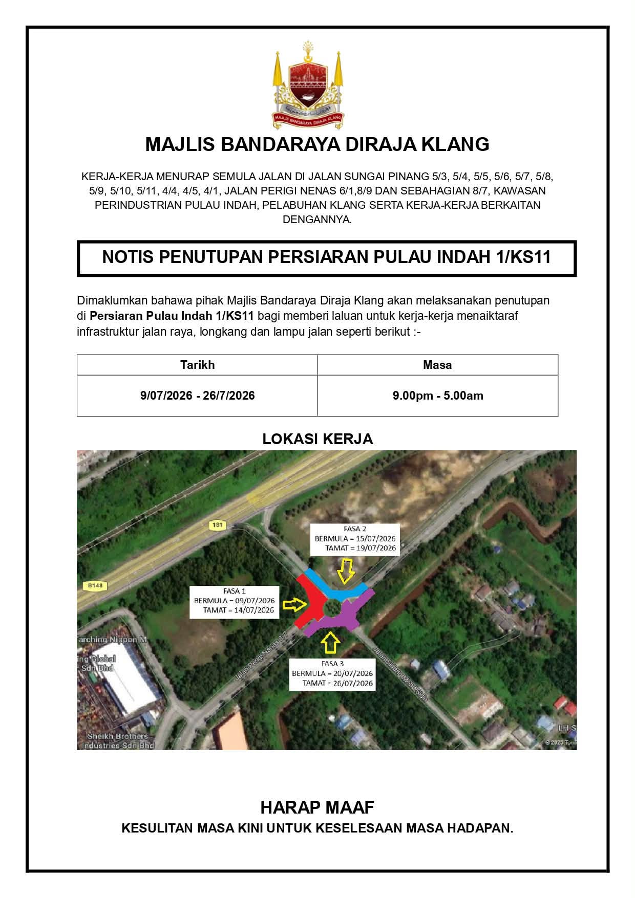 notis penutupan persiaran pulau indah 1/ks11