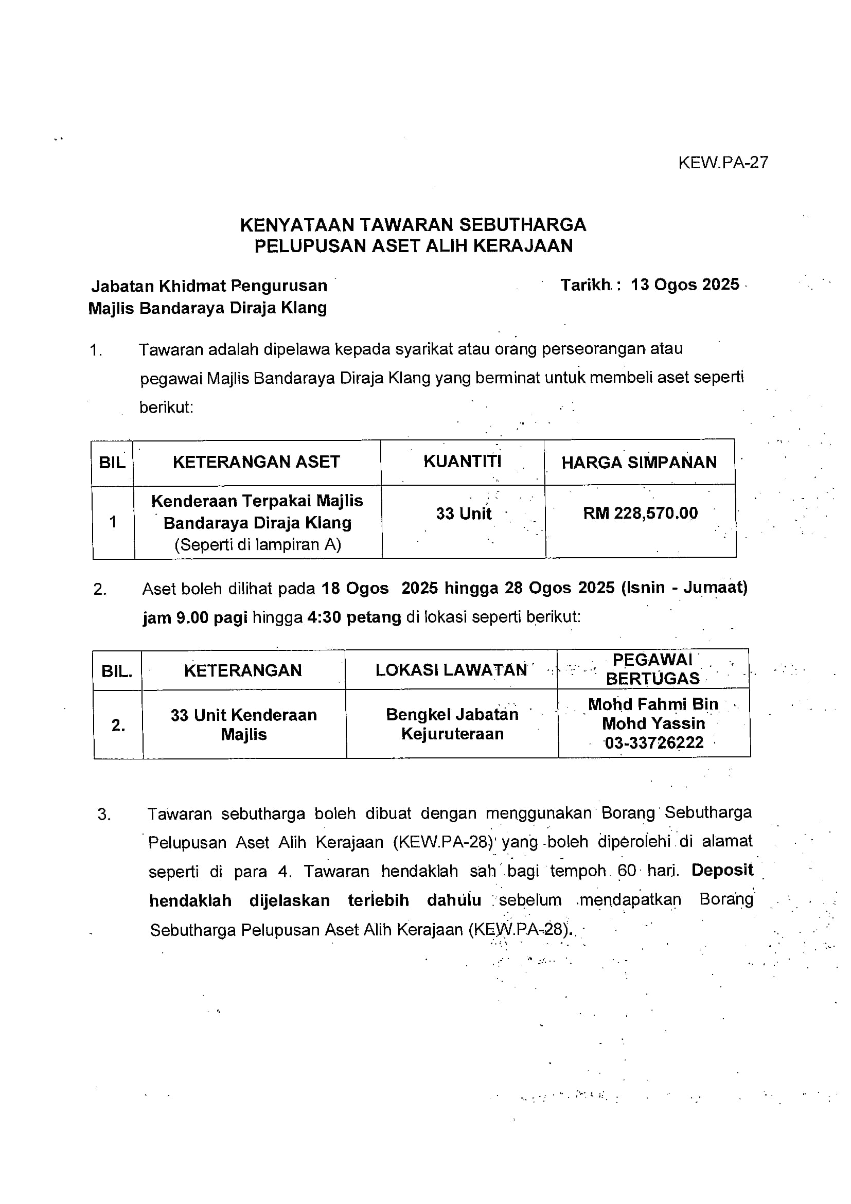 RALAT : KENYATAAN TAWARAN SEBUTHARGA 33 UNIT KENDERAAN TERPAKAI JABATAN PENGUATKUASA MBDK