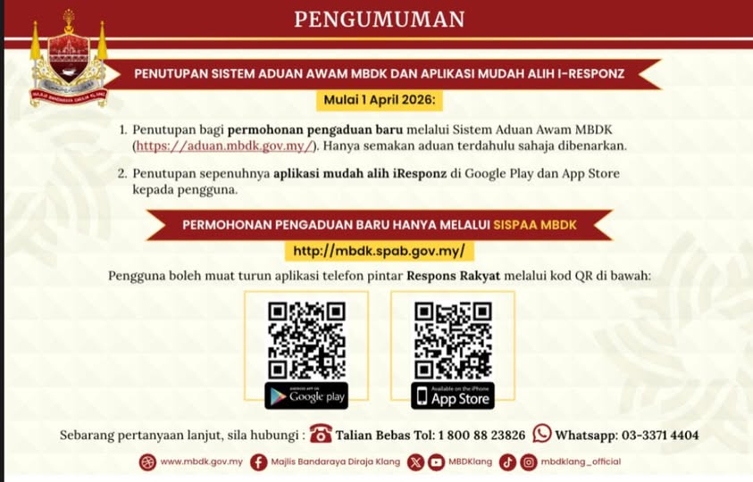 penutupan sistem aduan awam mbdk dan aplikasi mudah alih i-responz