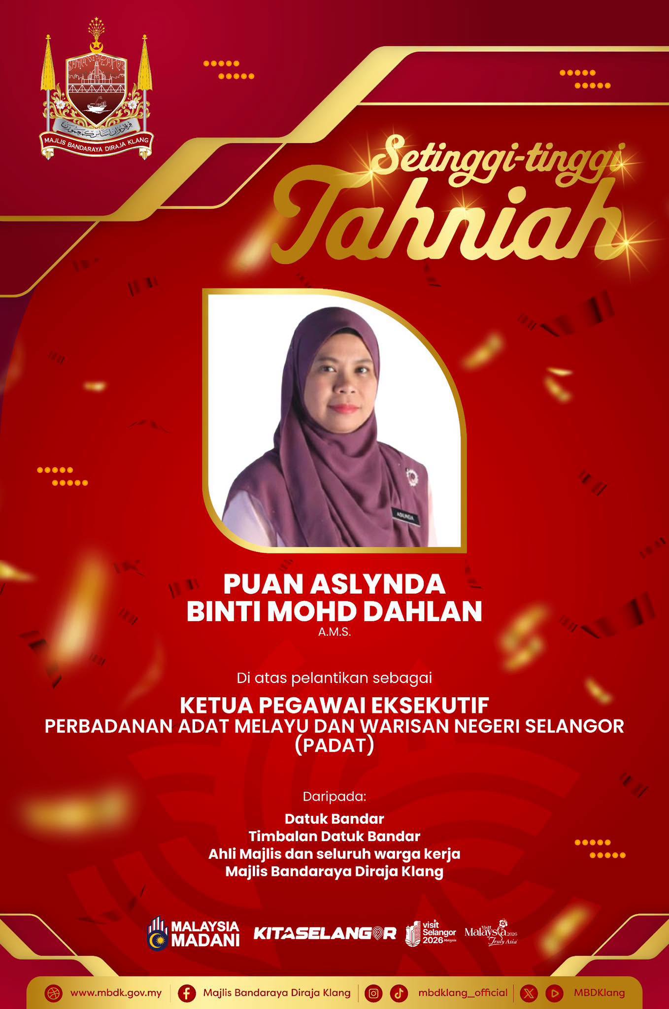 tahniah atas pelantikan puan aslynda binti mohd dahlan sebagai ketua pegawai eksekutif padat