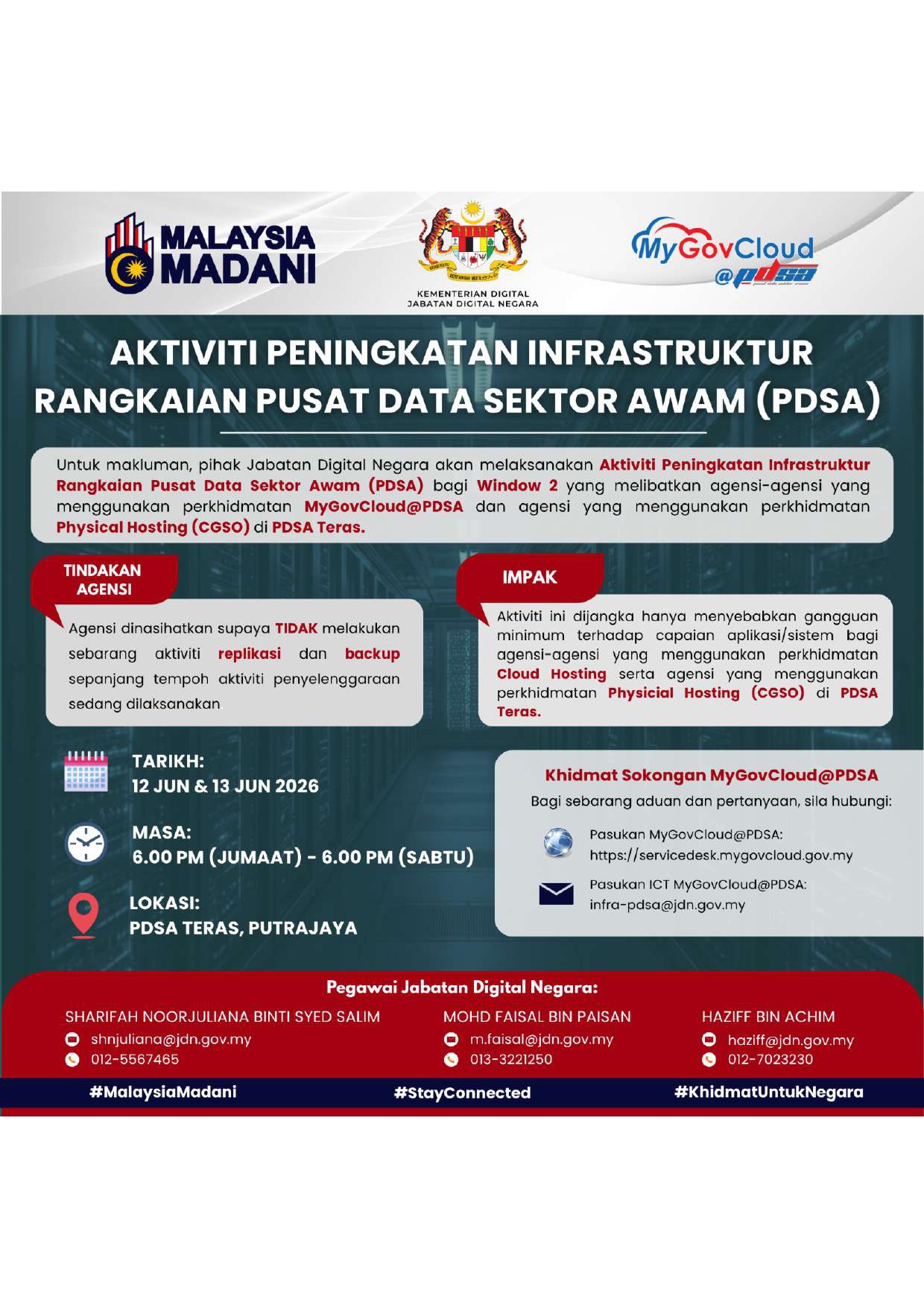 MAKLUMAN AKTIVITI PENINGKATAN INFRASTRUKTUR RANGKAIAN PUSAT DATA SEKTOR AWAM (PDSA)