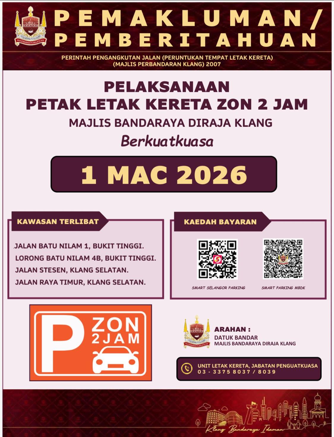 MAKLUMAN PETAK LETAK KERETA ZON 2 JAM TAHUN 2026