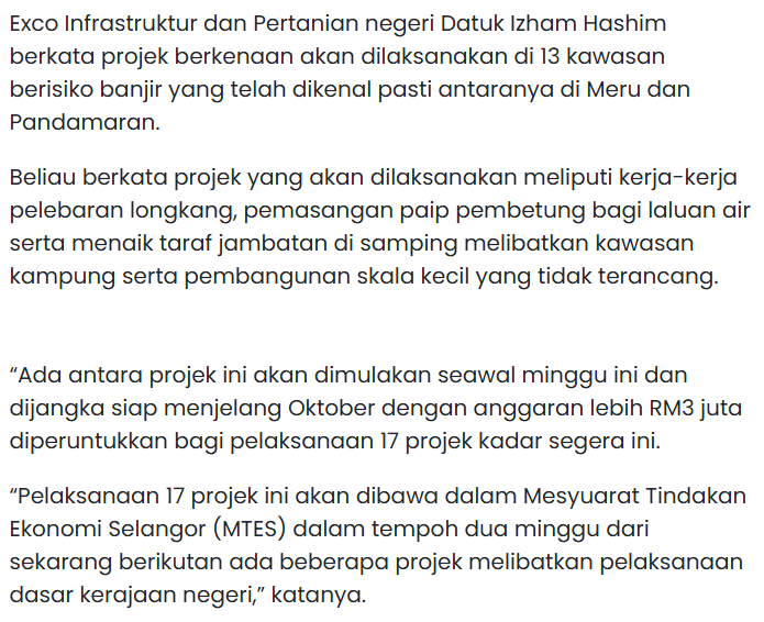 Selangor Kenal Pasti 17 Projek Kadar Segera Atasi Banjir Di Klang – EXCO