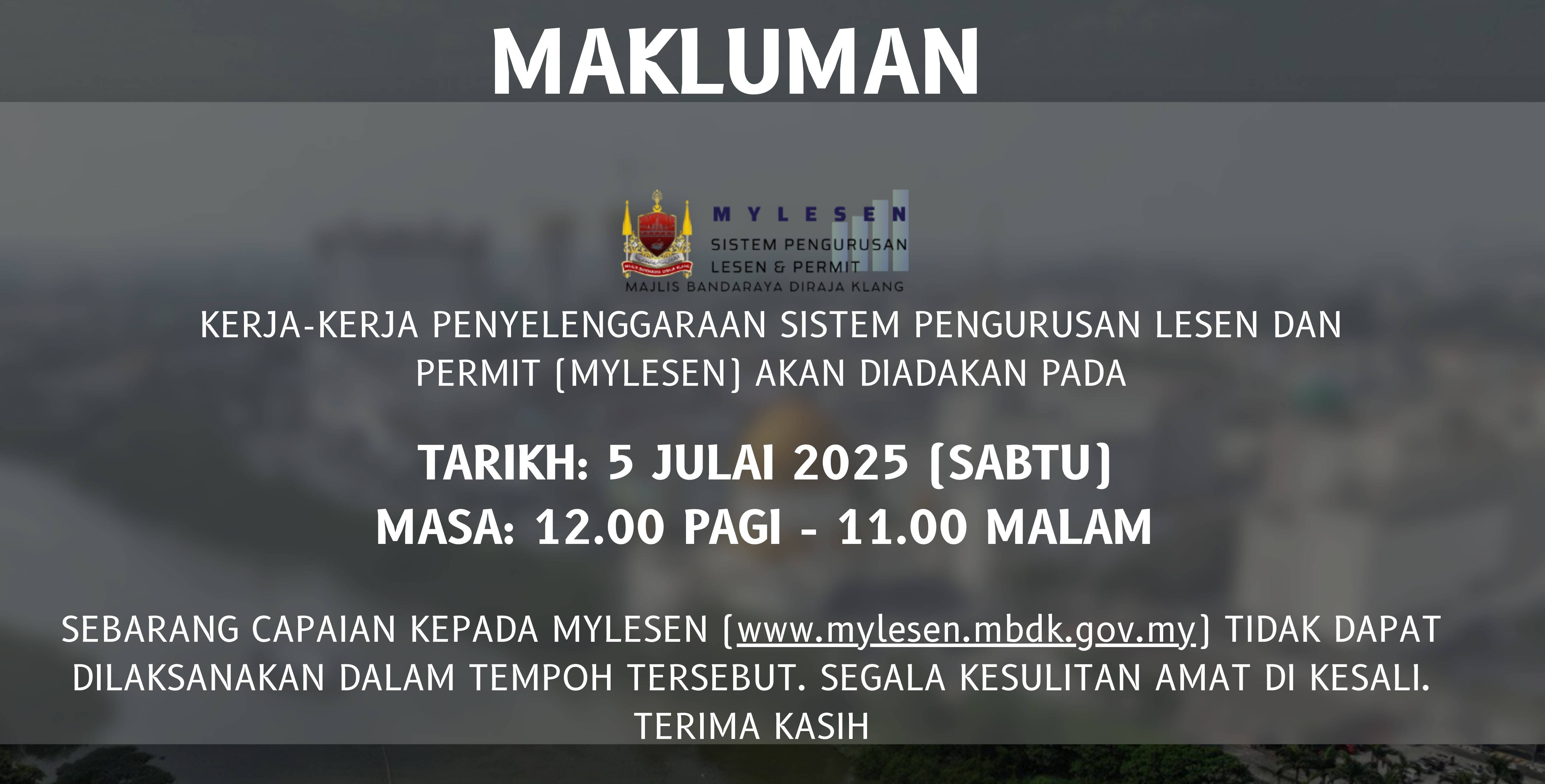 GANGGUAN CAPAIAN SISTEM PENGURUSAN LESEN DAN PERMIT (MYLESEN) MAJLIS BANDARAYA DIRAJA KLANG BAGI TUJUAN PELAKSANAAN KERJA-KERJA PENYELENGGARAAN SERVER