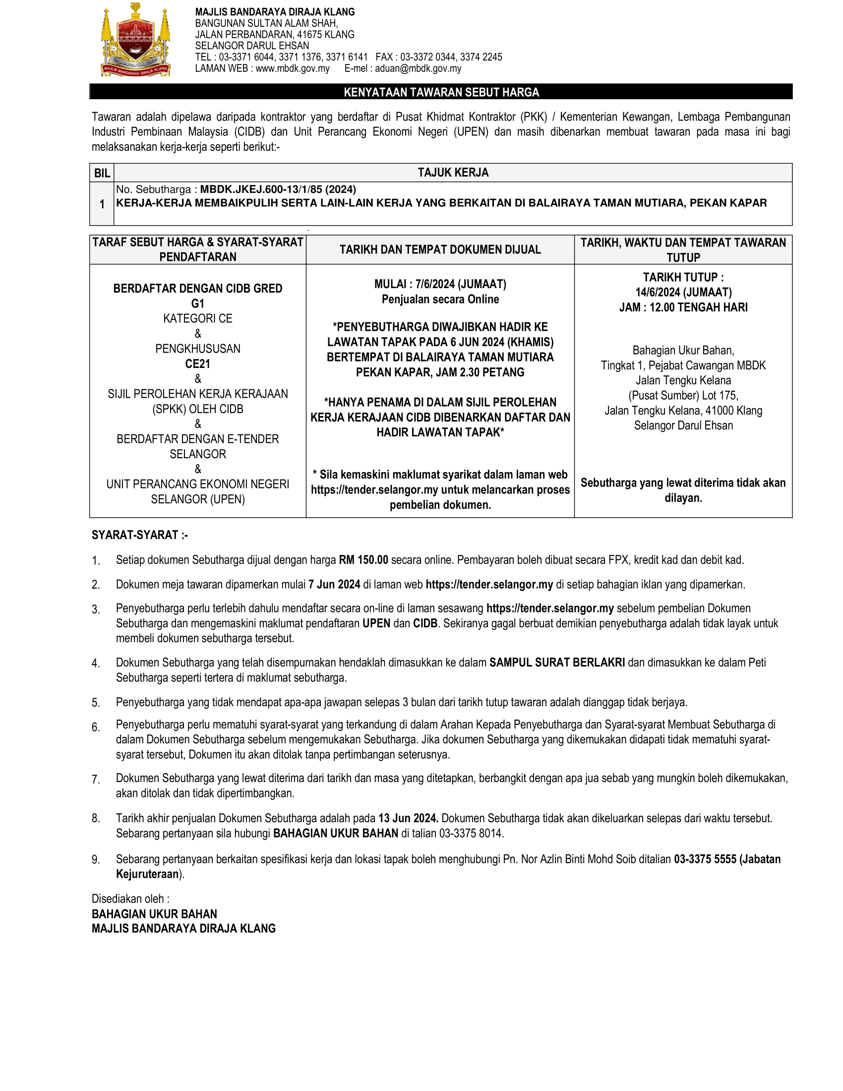 KERJA-KERJA MEMBAIKPULIH SERTA LAIN-LAIN KERJA YANG BERKAITAN DI BALAIRAYA TAMAN MUTIARA, PEKAN KAPAR