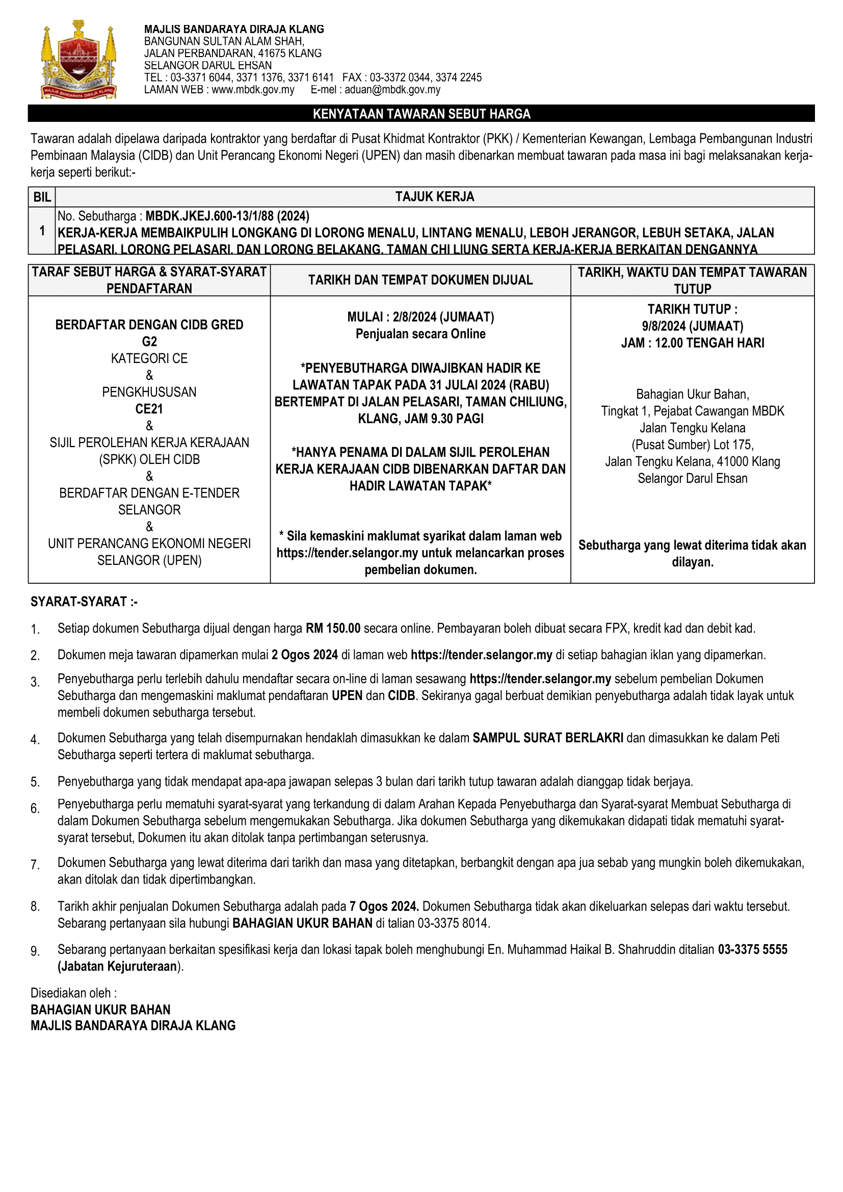 KERJA-KERJA MEMBAIKPULIH LONGKANG DI LORONG MENALU, LINTANG MENALU, LEBOH JERANGOR, LEBUH SETAKA, JALAN PELASARI, LORONG PELASARI, DAN LORONG BELAKANG, TAMAN CHI LIUNG SERTA KERJA-KERJA BERKAITAN DENGANNYA