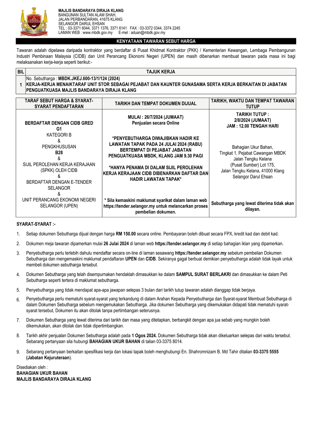 KERJA-KERJA MENAIKTARAF UNIT STOR SEBAGAI PEJABAT DAN KAUNTER GUNASAMA SERTA KERJA BERKAITAN DI JABATAN PENGUATKUASA MAJLIS BANDARAYA DIRAJA KLANG