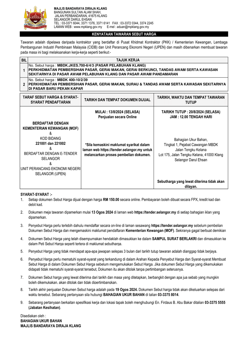 PERKHIDMATAN PEMBERSIHAN PASAR, GERAI MAKAN, GERAI BERKUNCI, TANDAS AWAM DI PASAR AWAM PELABUHAN KLANG, PASAR AWAM PANDAMARAN DAN PASAR BARU PEKAN KAPAR
