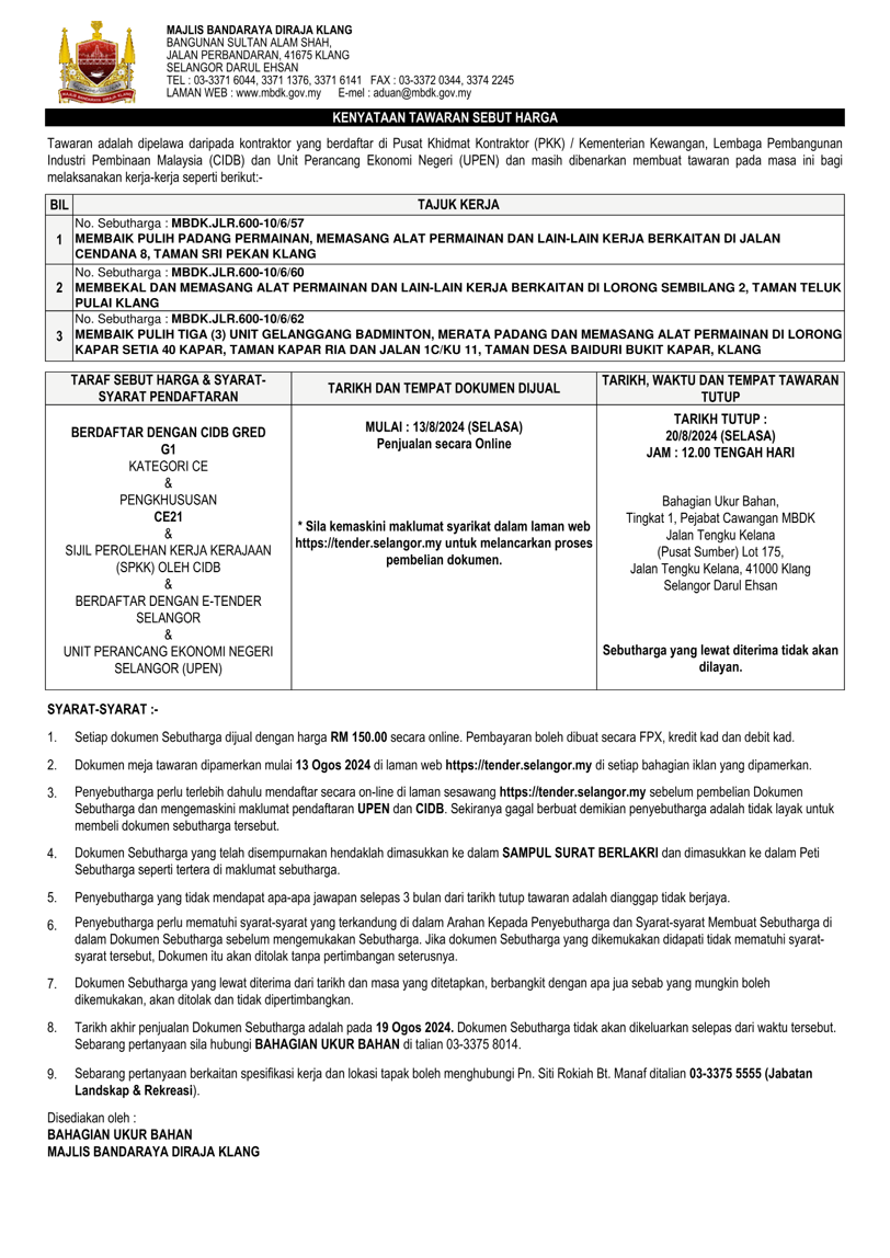 MEMBEKAL, MEMASANG DAN MEMBAIK PULIH PADANG PERMAINAN, MEMASANG ALAT PERMAINAN DAN LAIN-LAIN KERJA BERKAITAN DI TAMAN SRI PEKAN KLANG , TAMAN TELUK PULAI KLANG, TAMAN KAPAR RIA DAN TAMAN DESA BAIDURI BUKIT KAPAR, KLANG	