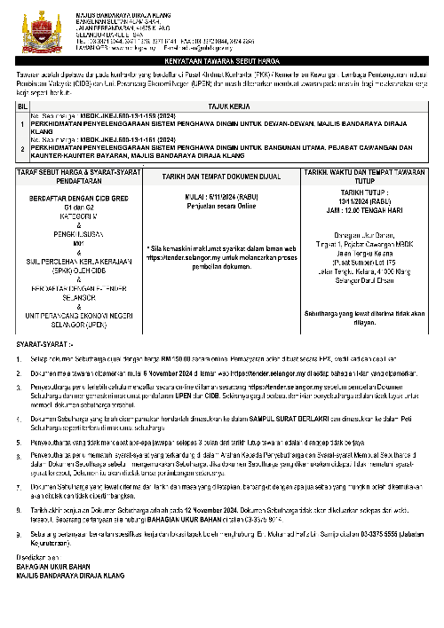PERKHIDMATAN PENYELENGGARAAN SISTEM PENGHAWA DINGIN UNTUK DEWAN-DEWAN, BANGUNAN UTAMA, PEJABAT CAWANGAN DAN KAUNTER-KAUNTER BAYARAN, MAJLIS BANDARAYA DIRAJA KLANG		