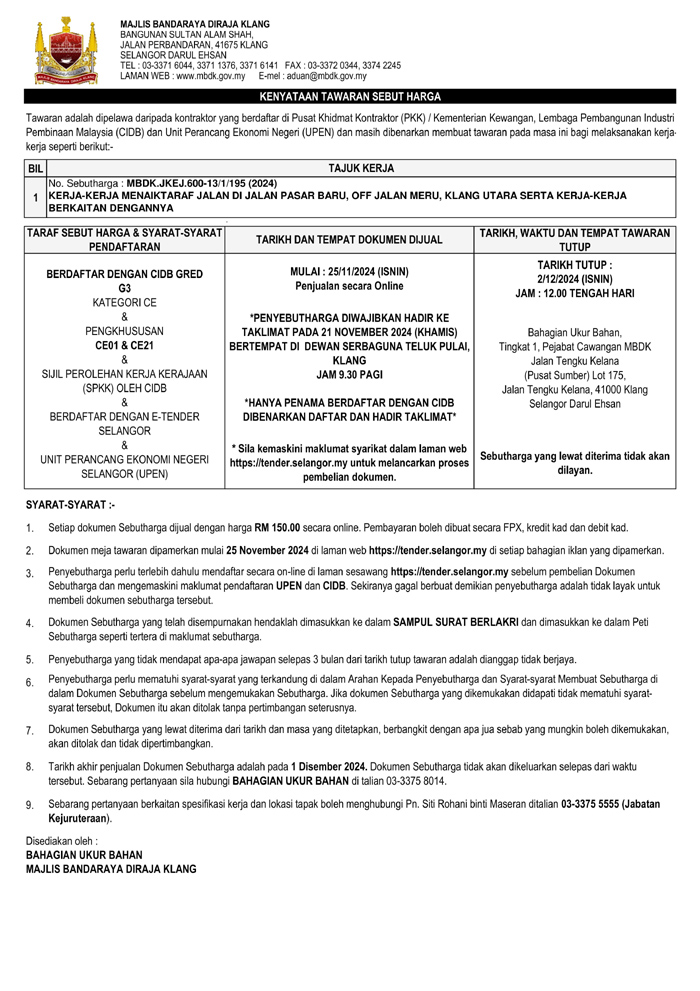 KERJA-KERJA MENAIKTARAF JALAN DI JALAN PASAR BARU, OFF JALAN MERU, KLANG UTARA SERTA KERJA-KERJA BERKAITAN DENGANNYA