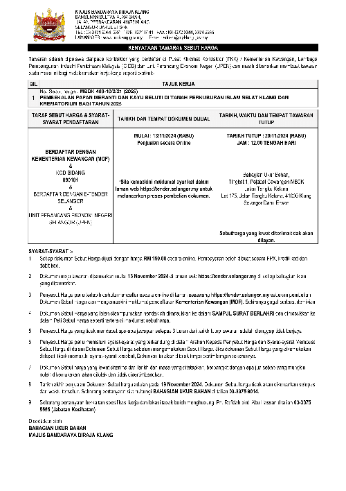 PEMBEKALAN PAPAN MERANTI DAN KAYU BELUTI DI TANAH PERKUBURAN ISLAM SELAT KLANG DAN KREMATORIUM BAGI TAHUN 2025
