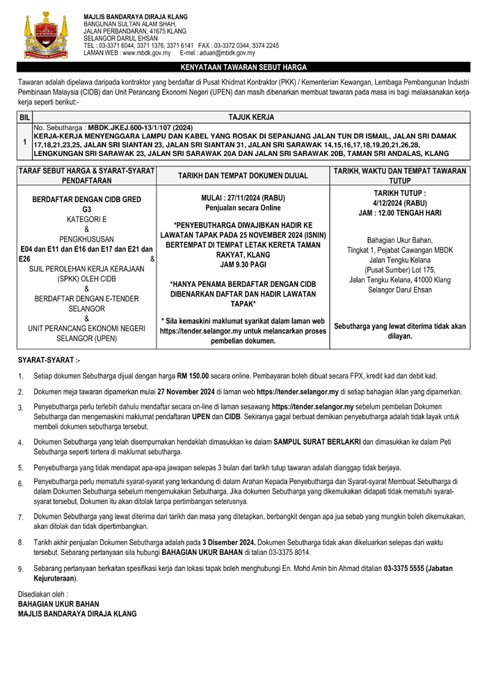 KERJA-KERJA MENYENGGARA LAMPU DAN KABEL YANG ROSAK DI TAMAN SRI ANDALAS, KLANG