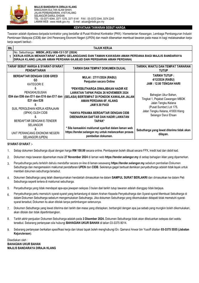 KERJA-KERJA MENAIKTARAF LAMPU GELANGGANG DAN TAMAN KAWASAN AMAN PERDANA BAGI MAJLIS BANDARAYA DIRAJA KLANG (JALAN AMAN PERDANA 6A,6B,6D DAN PERSIARAN AMAN PERDANA)