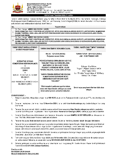 PERKHIDMATAN 'PEST CONTROLLER OPERATOR' (PCO) KAWASAN KLANG UTARA, KLANG SELATAN, PELABUHAN KLANG DAN PANDAMARAN