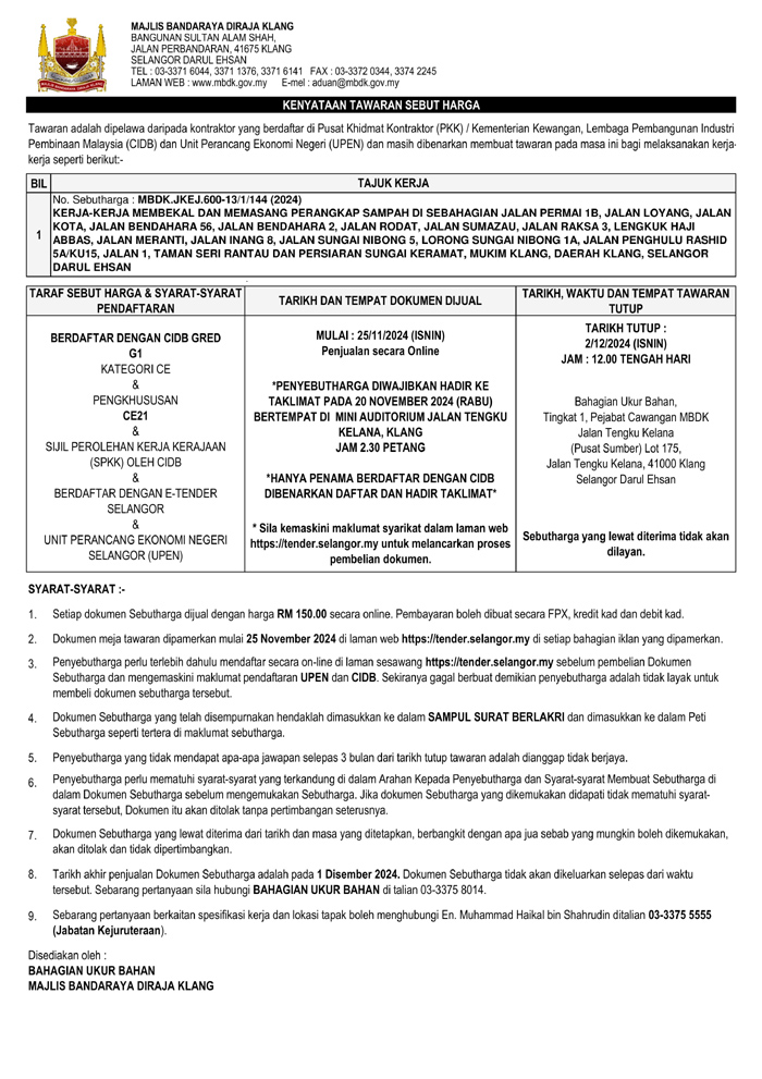 KERJA-KERJA MEMBEKAL DAN MEMASANG PERANGKAP SAMPAH DI SEBAHAGIAN JALAN MUKIM KLANG, DAERAH KLANG, SELANGOR DARUL EHSAN