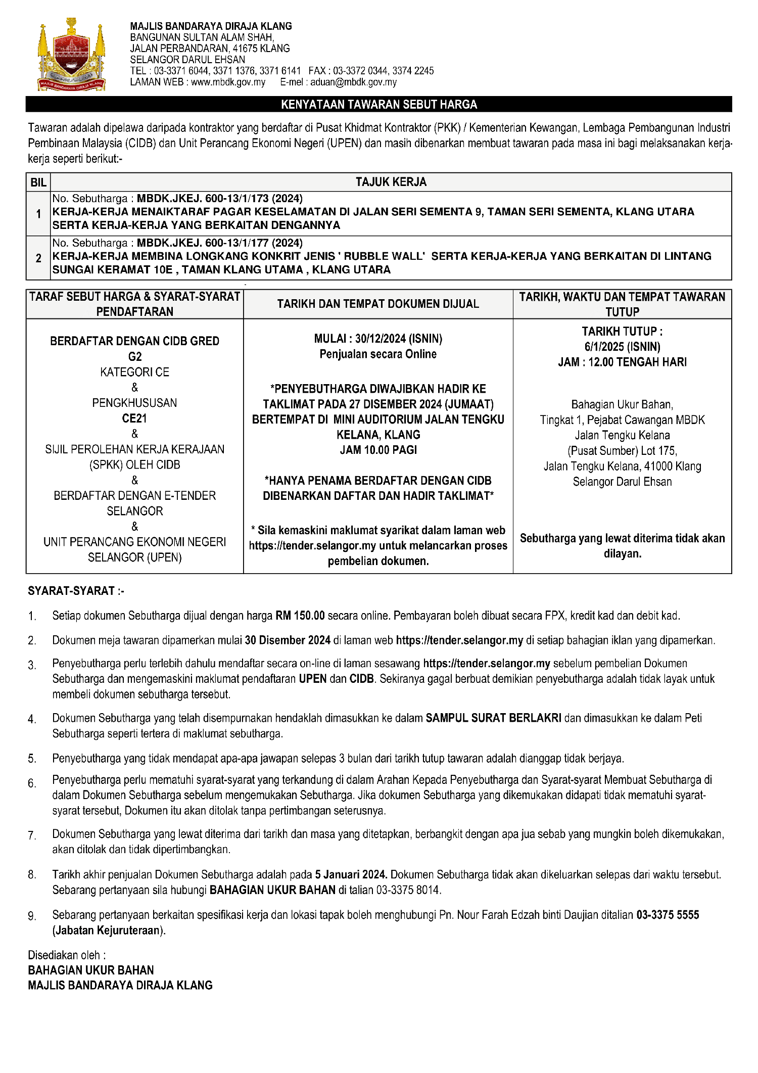 KERJA-KERJA MENAIKTARAF PAGAR KESELAMATAN & MEMBINA LONGKANG KONKRIT JENIS ' RUBBLE WALL'  SERTA KERJA-KERJA YANG BERKAITAN DENGANNYA	