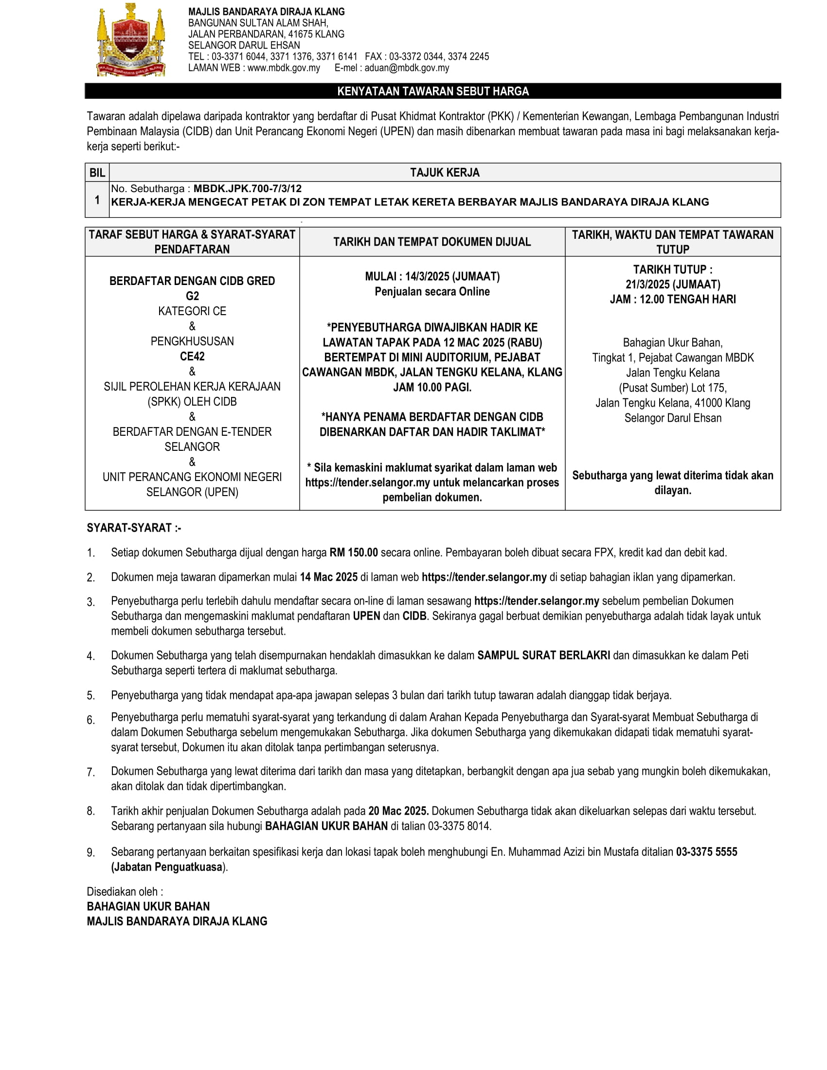 KERJA-KERJA MENGECAT PETAK DI ZON TEMPAT LETAK KERETA BERBAYAR MAJLIS BANDARAYA DIRAJA KLANG
