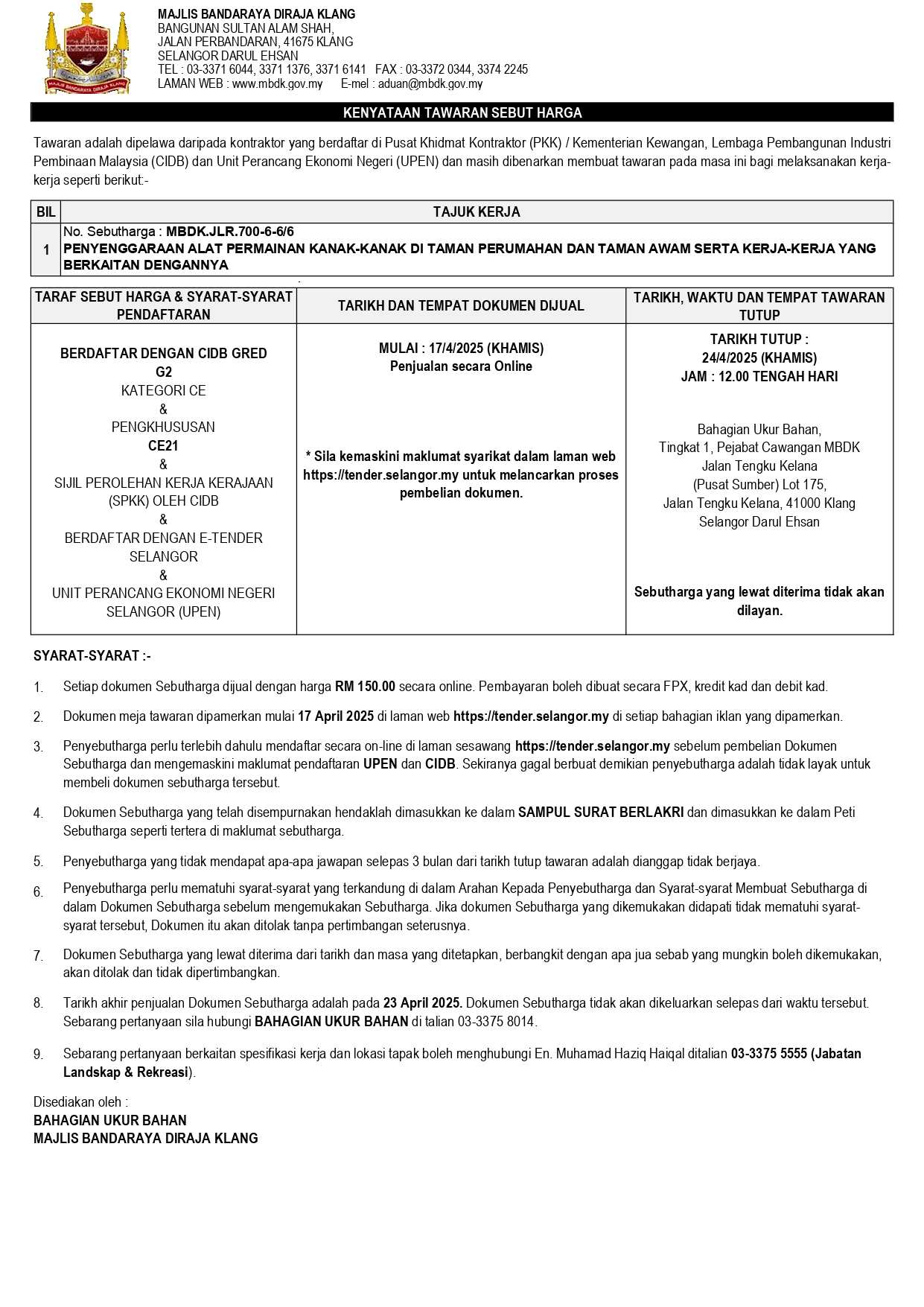 PENYENGGARAAN ALAT PERMAINAN KANAK-KANAK DI TAMAN PERUMAHAN DAN TAMAN AWAM SERTA KERJA-KERJA YANG BERKAITAN DENGANNYA