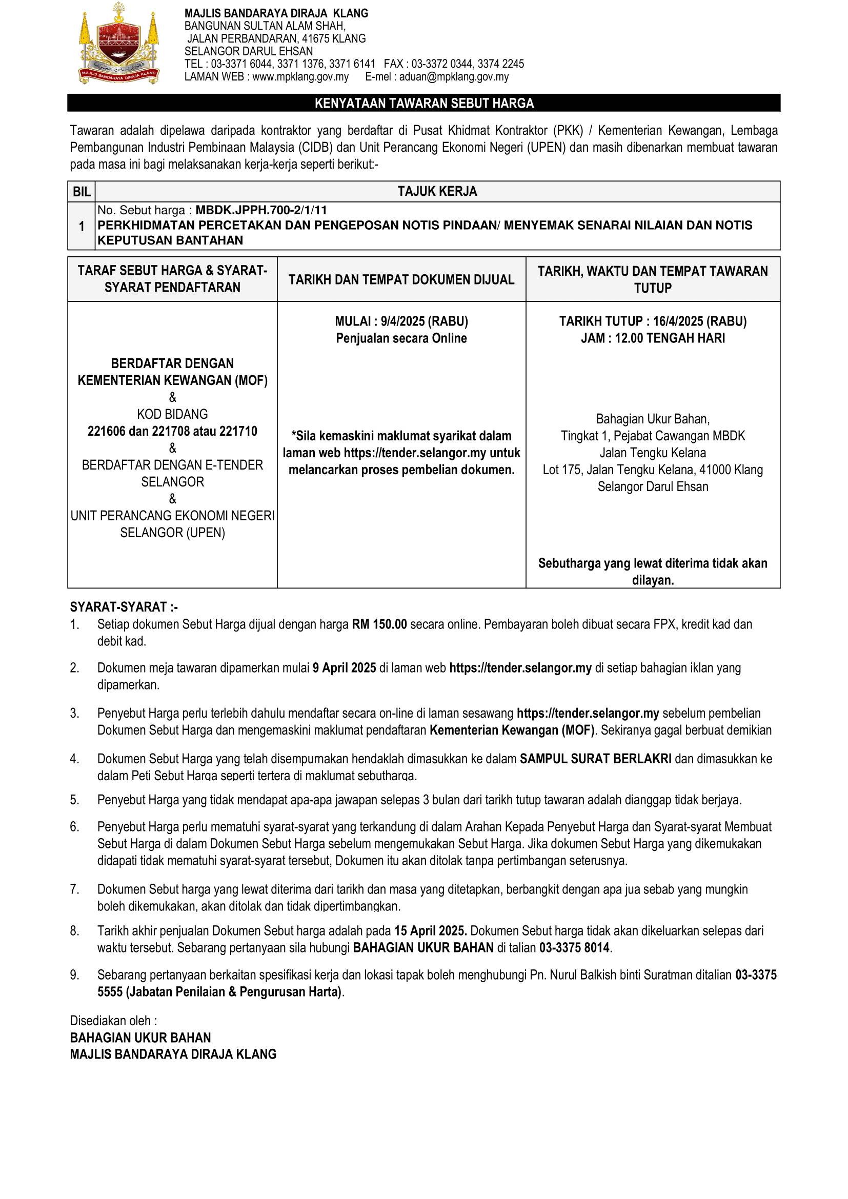 PERKHIDMATAN PERCETAKAN DAN PENGEPOSAN NOTIS PINDAAN MENYEMAK SENARAI NILAIAN DAN BANTAHAN