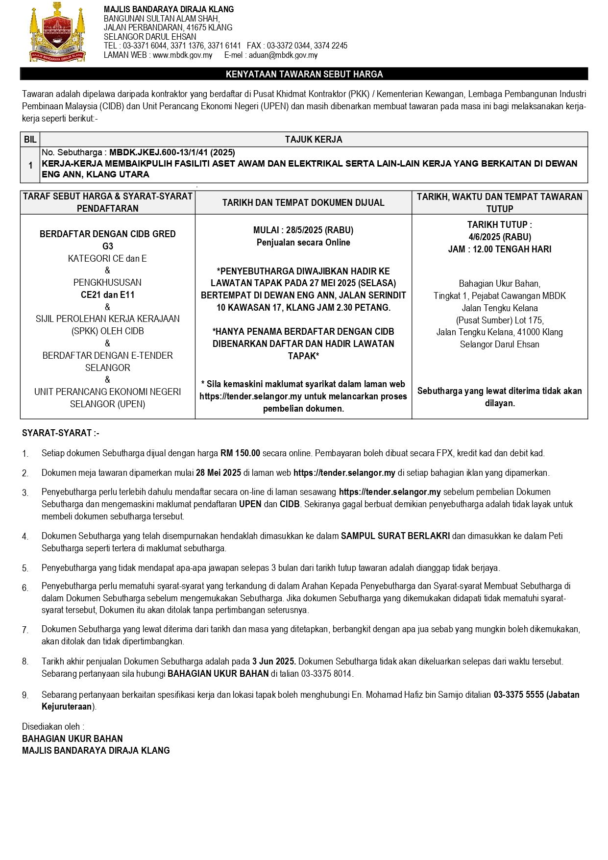 KERJA-KERJA MEMBAIKPULIH FASILITI ASET AWAM DAN ELEKTRIKAL SERTA LAIN-LAIN KERJA YANG BERKAITAN DI DEWAN ENG ANN, KLANG UTARA