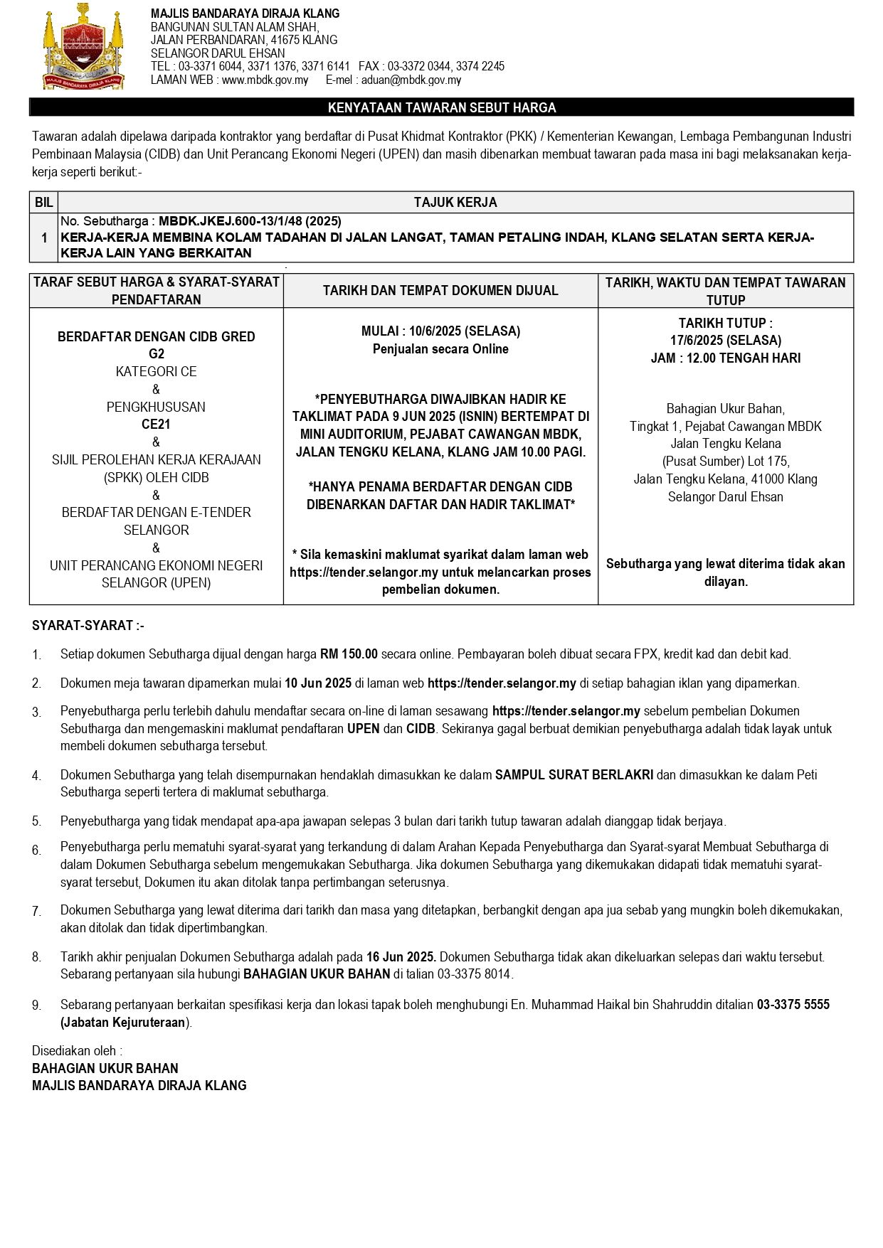 KERJA-KERJA MEMBINA KOLAM TADAHAN DI JALAN LANGAT, TAMAN PETALING INDAH, KLANG SELATAN SERTA KERJA-KERJA LAIN YANG BERKAITAN