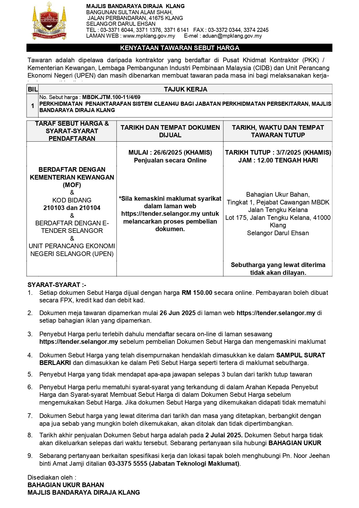 PERKHIDMATAN PENAIKTARAFAN SISTEM CLEAN4U BAGI JABATAN PERKHIDMATAN PERSEKITATAN MBDK