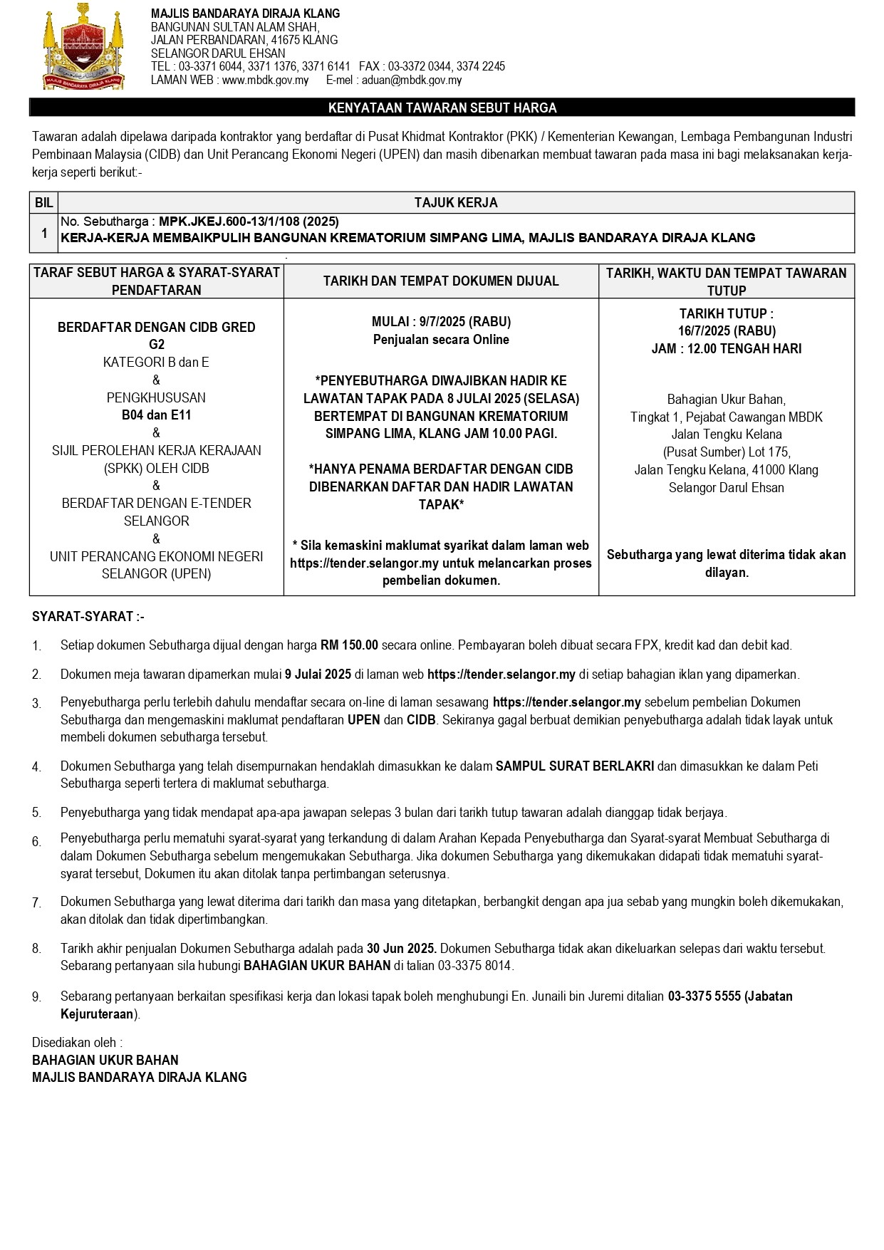 KERJA-KERJA MEMBAIKPULIH BANGUNAN KREMATORIUM SIMPANG LIMA, MAJLIS BANDARAYA DIRAJA KLANG