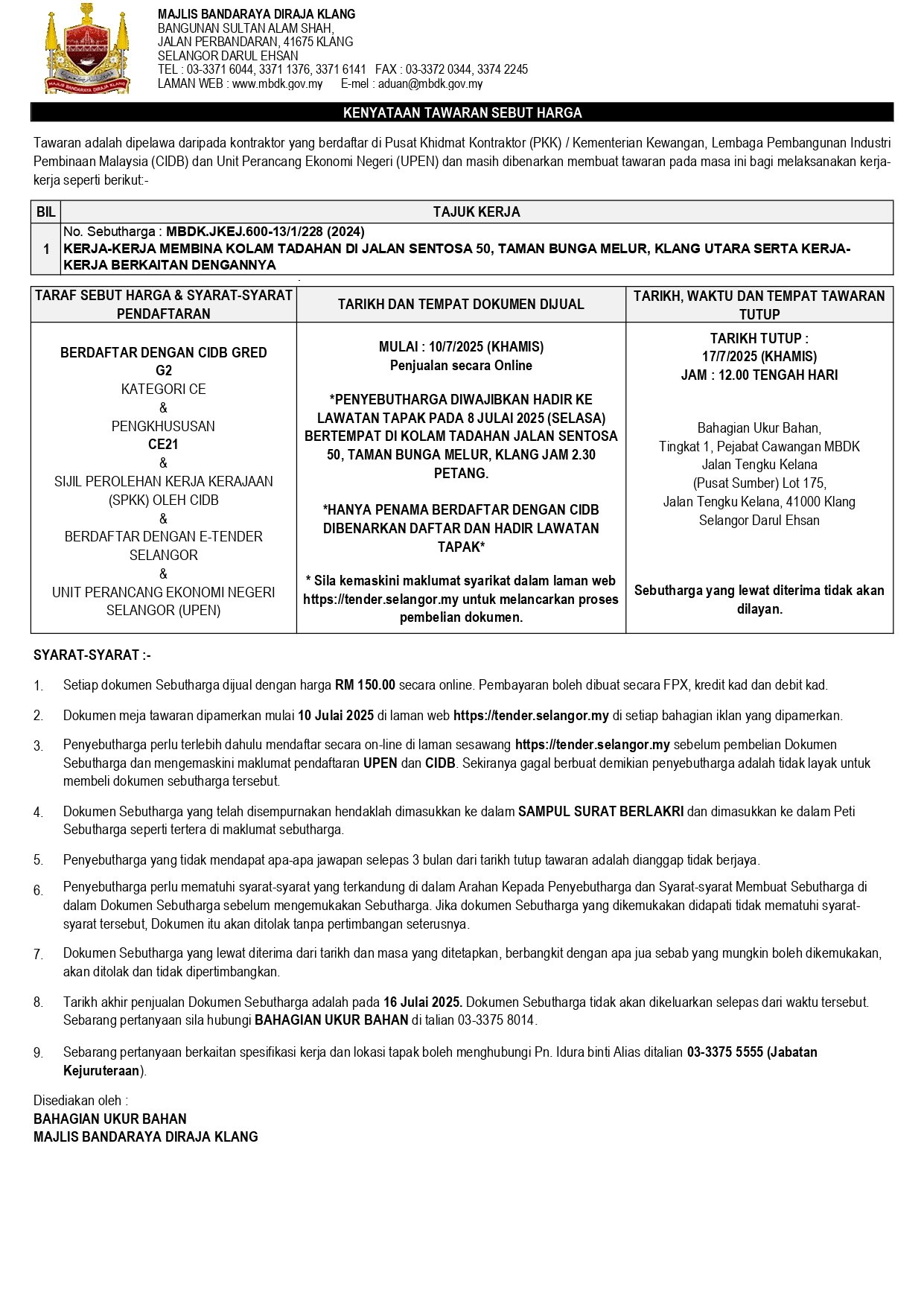 KERJA-KERJA MEMBINA KOLAM TADAHAN DI JALAN SENTOSA 50, TAMAN BUNGA MELUR, KLANG UTARA SERTA KERJA-KERJA BERKAITAN DENGANNYA