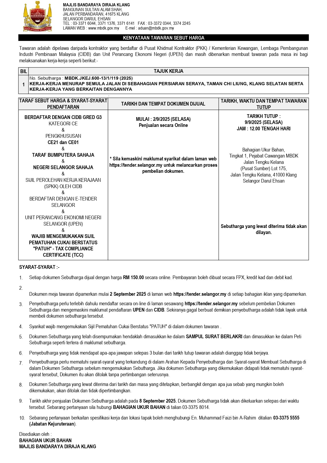 KERJA-KERJA MENURAP SEMULA JALAN DI SEBAHAGIAN PERSIARAN SERAYA, TAMAN CHI LIUNG, KLANG SELATAN SERTA KERJA-KERJA YANG BERKAITAN DENGANNYA