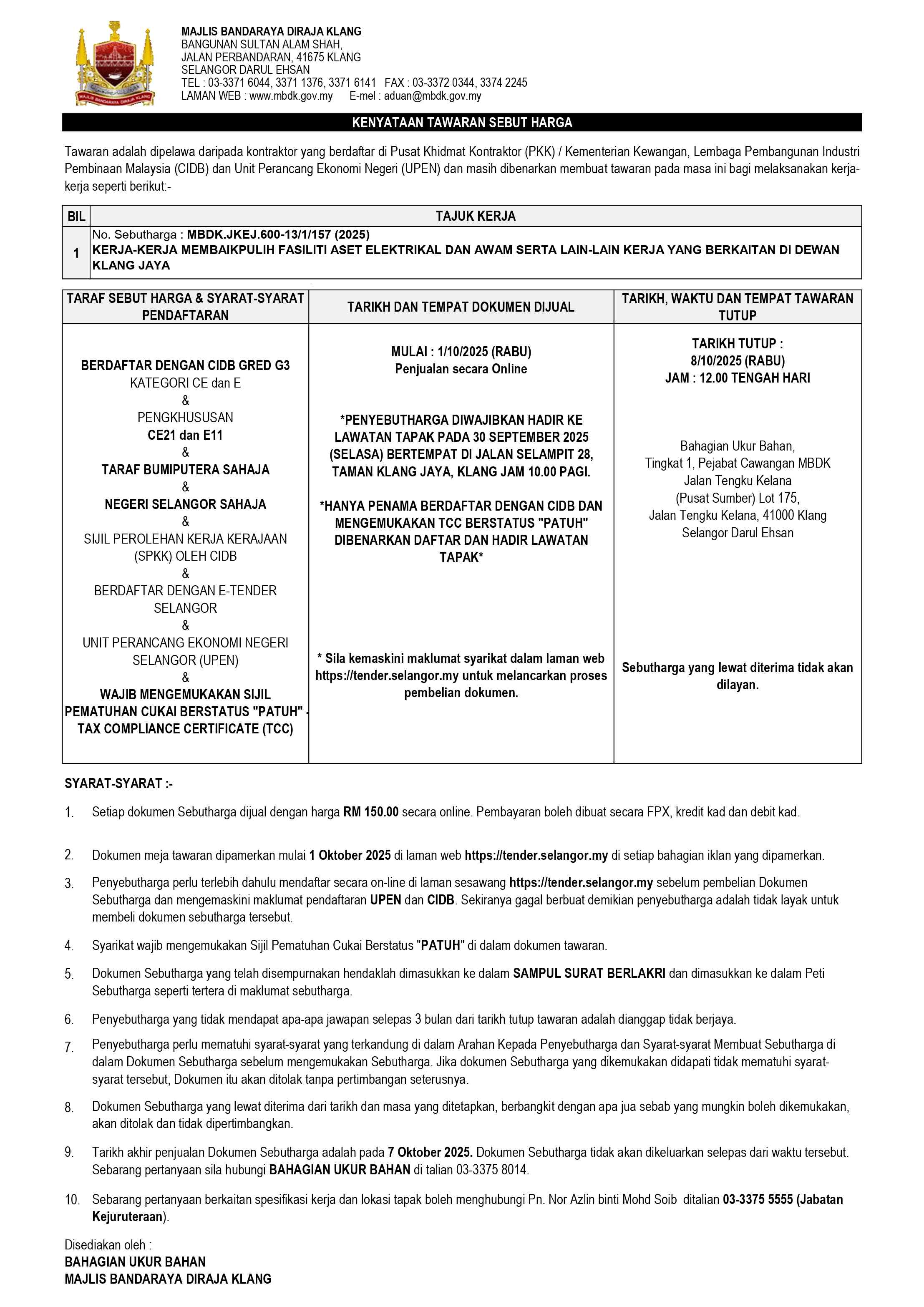 KERJA-KERJA MEMBAIKPULIH FASILITI ASET ELEKTRIKAL DAN AWAM SERTA LAIN-LAIN KERJA YANG BERKAITAN DI DEWAN KLANG JAYA