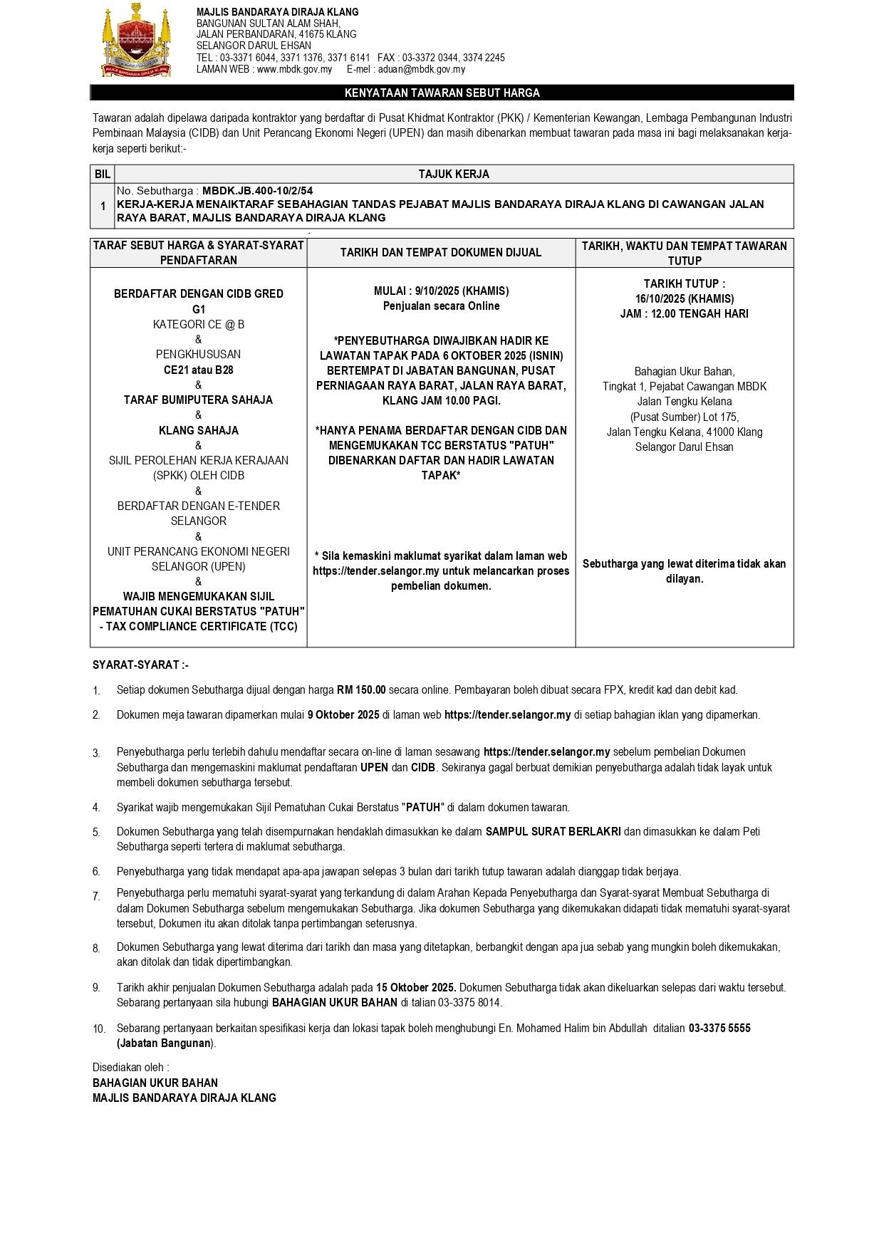 KERJA-KERJA MENAIKTARAF SEBAHAGIAN TANDAS PEJABAT MAJLIS BANDARAYA DIRAJA KLANG DI CAWANGAN JALAN RAYA BARAT, MAJLIS BANDARAYA DIRAJA KLANG