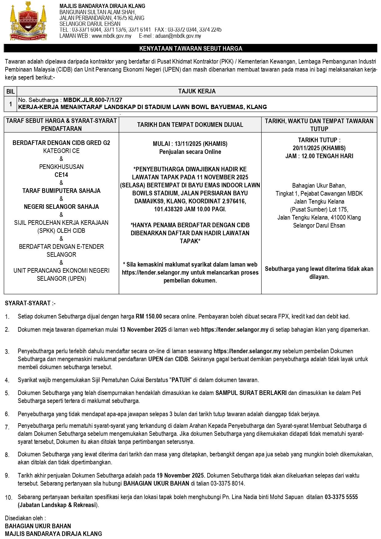 KERJA-KERJA MENAIKTARAF LANDSKAP DI STADIUM LAWN BOWL BAYUEMAS, KLANG