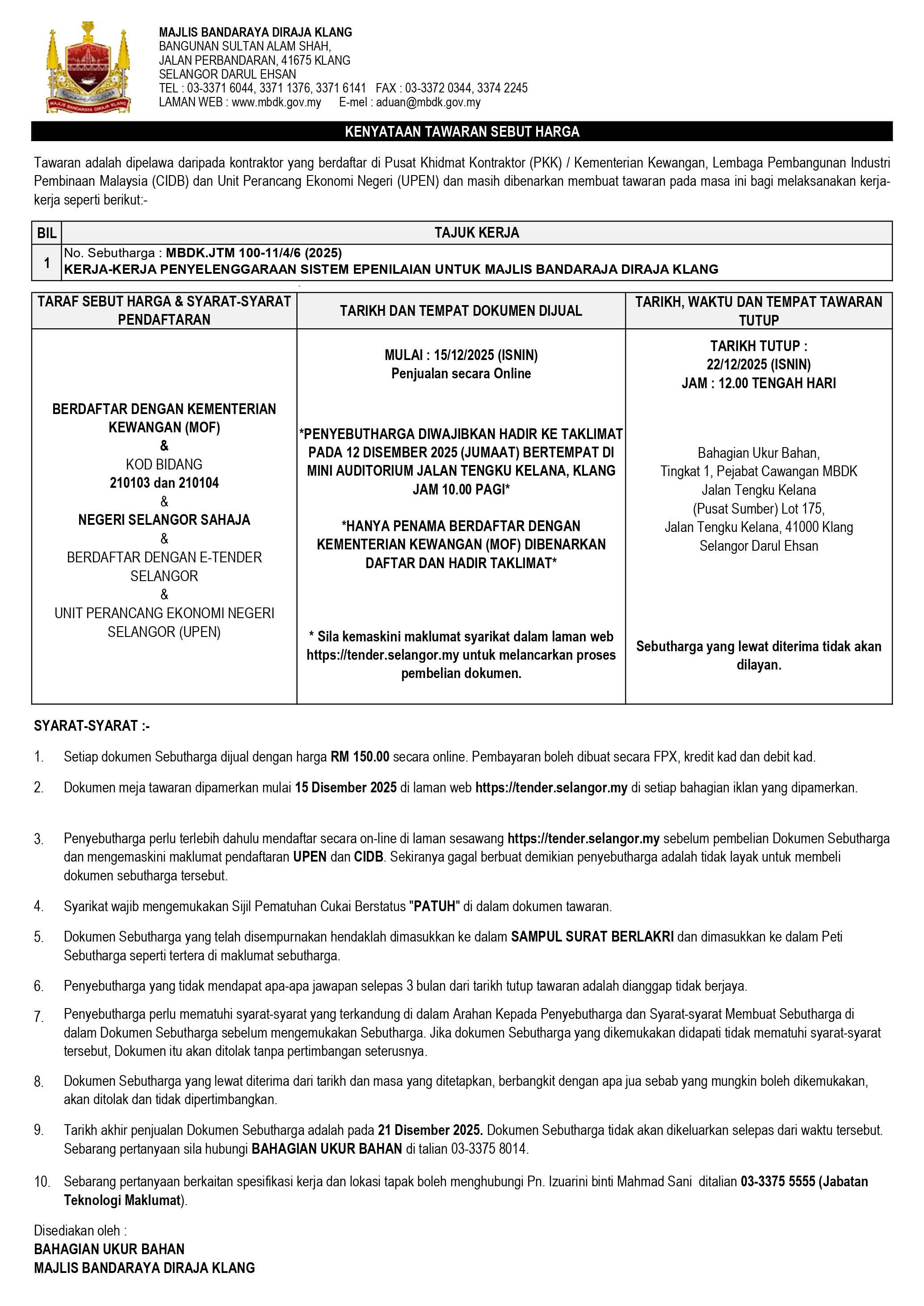 KERJA-KERJA PENYELENGGARAAN SISTEM EPENILAIAN UNTUK MAJLIS BANDARAJA DIRAJA KLANG