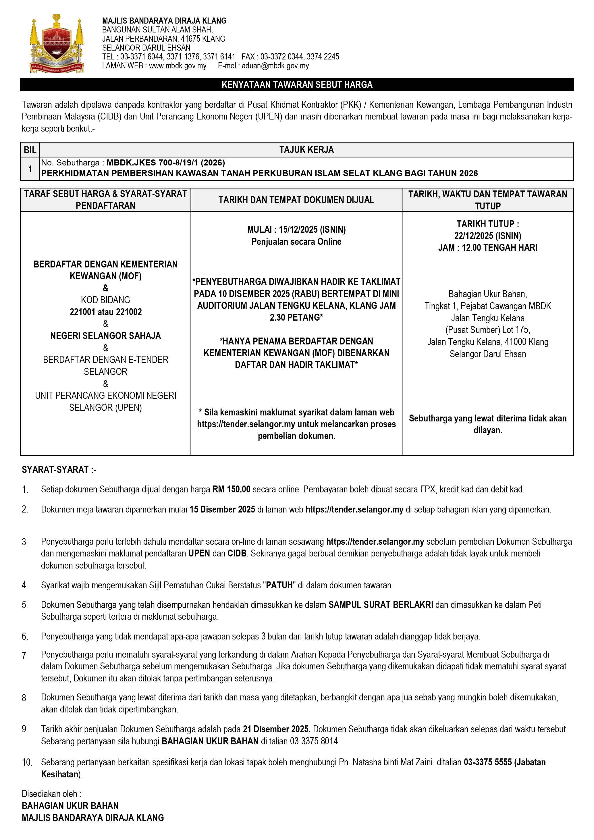 PERKHIDMATAN PEMBERSIHAN KAWASAN TANAH PERKUBURAN ISLAM SELAT KLANG BAGI TAHUN 2026