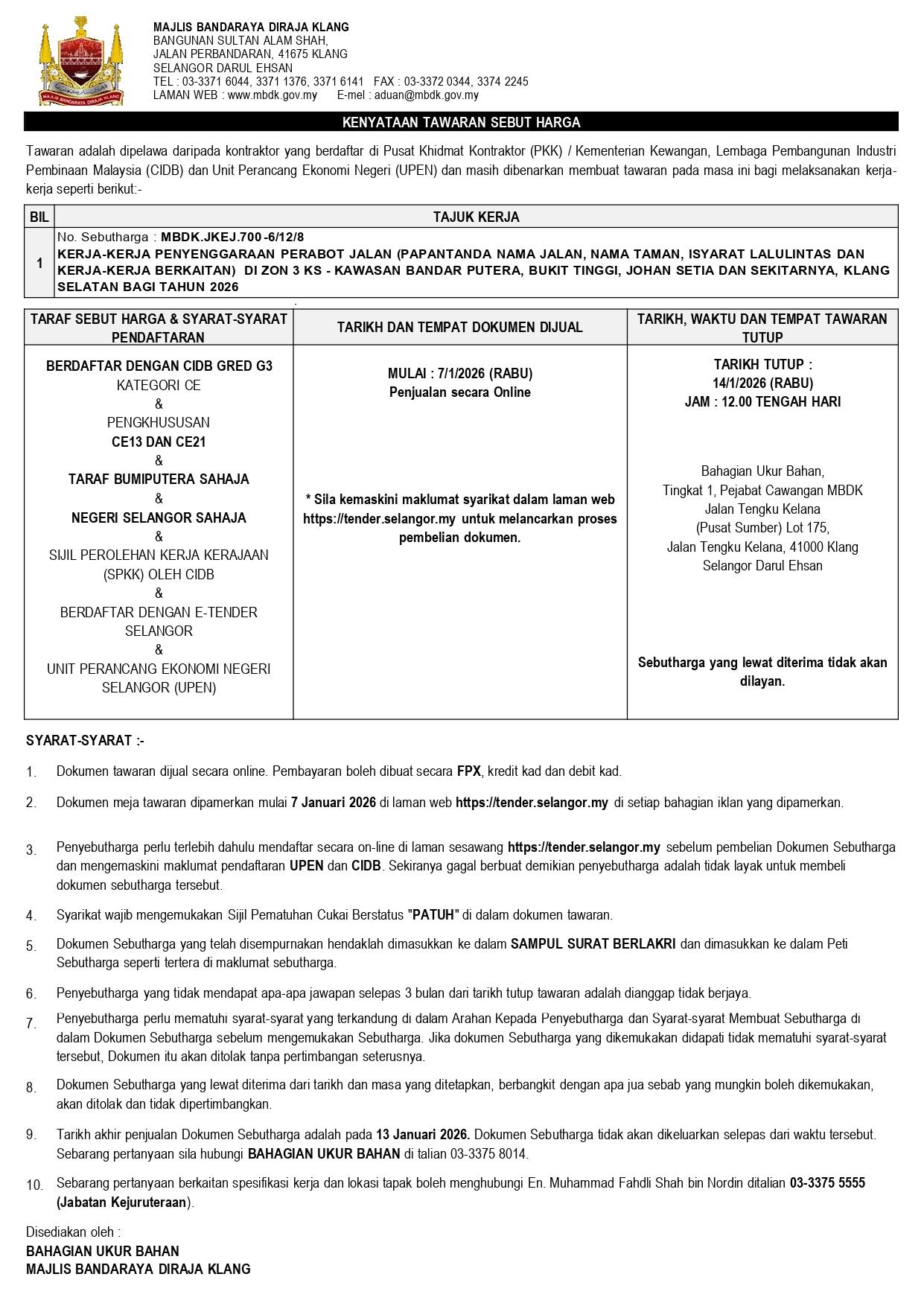 KERJA-KERJA PENYENGGARAAN PERABOT KLANG SELATAN BAGI TAHUN 2026
