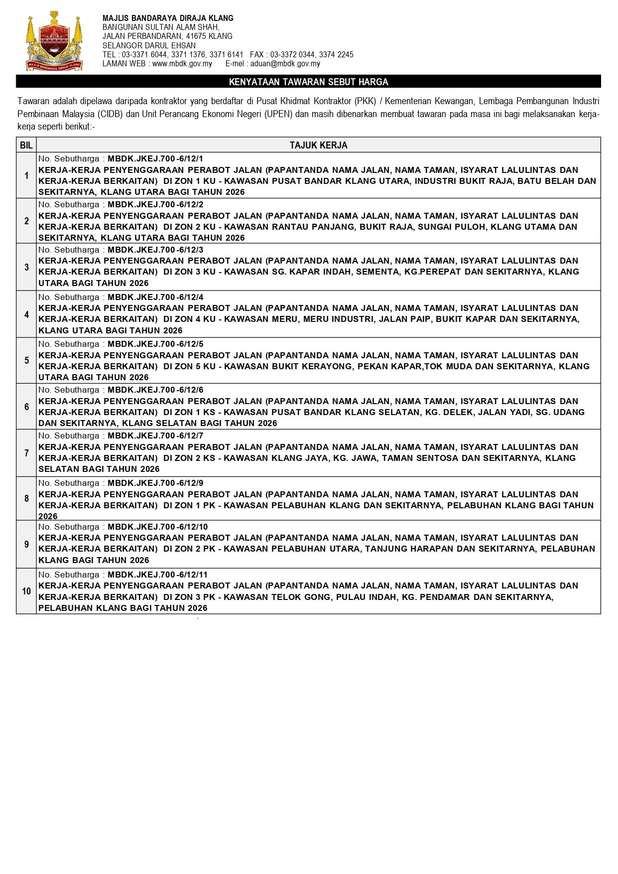 KERJA-KERJA PENYENGGARAAN PERABOT KLANG UTARA BAGI TAHUN 2026