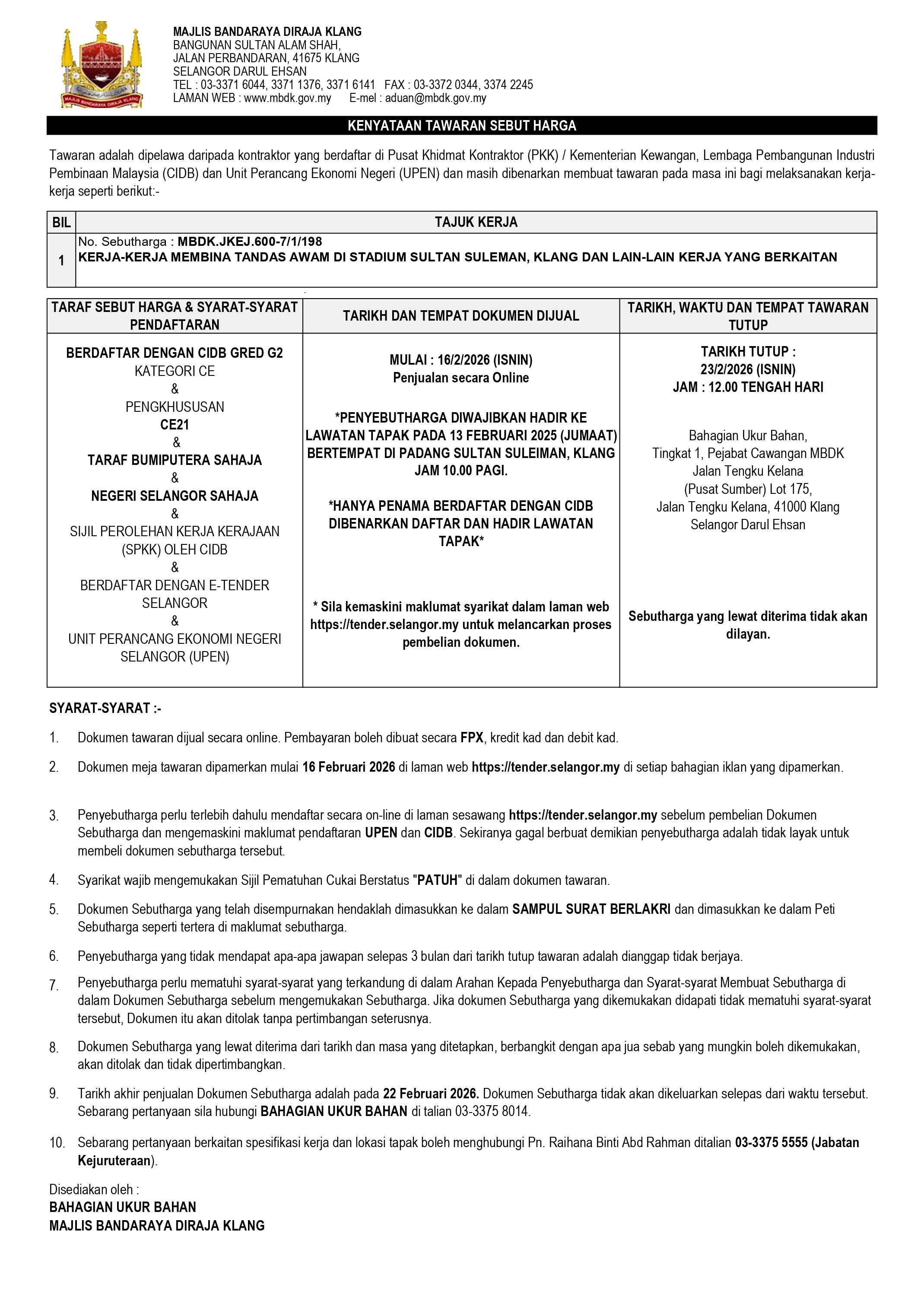 KERJA-KERJA MEMBINA TANDAS AWAM DI STADIUM SULTAN SULEMAN, KLANG DAN LAIN-LAIN KERJA YANG BERKAITAN