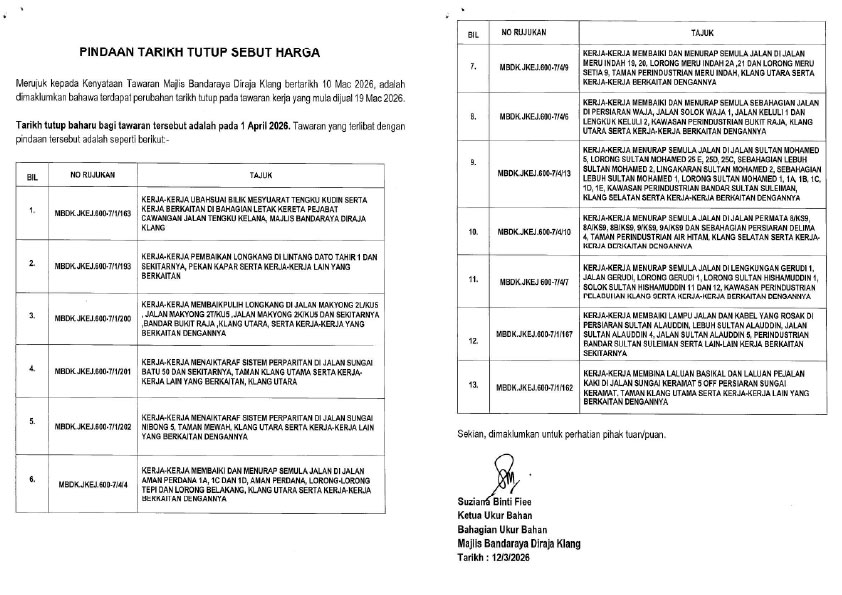 PINDAAN TARIKH TUTUP SEBUT HARGA