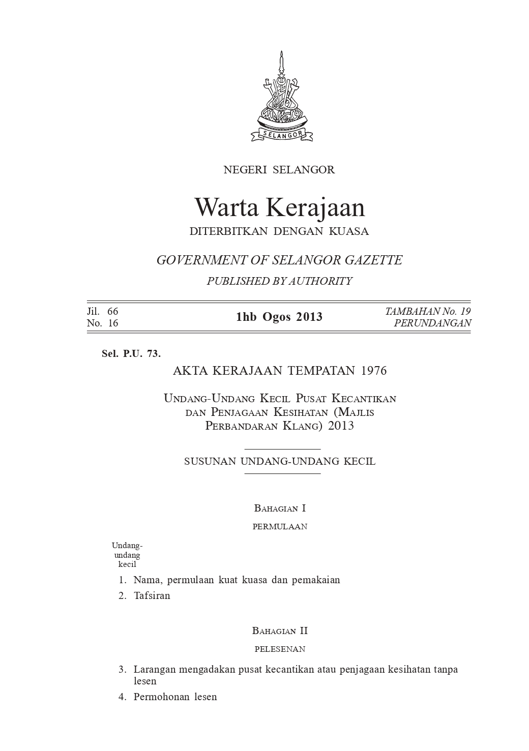 Undang-Undang Kecil Pusat Kecantikan Dan Penjagaan Kesihatan (Majlis Perbandaran Klang) 2013 - Akta Kerajaan Tempatan 1976