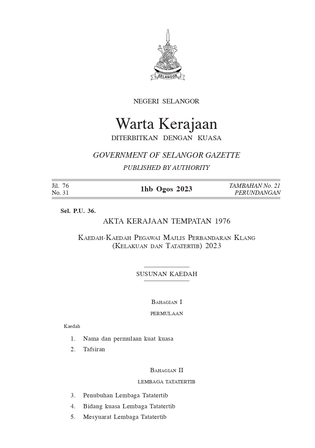 Kaedah-Kaedah Pegawai Majlis Perbandaran Klang (Kelakuan dan Tatatertib) 2023