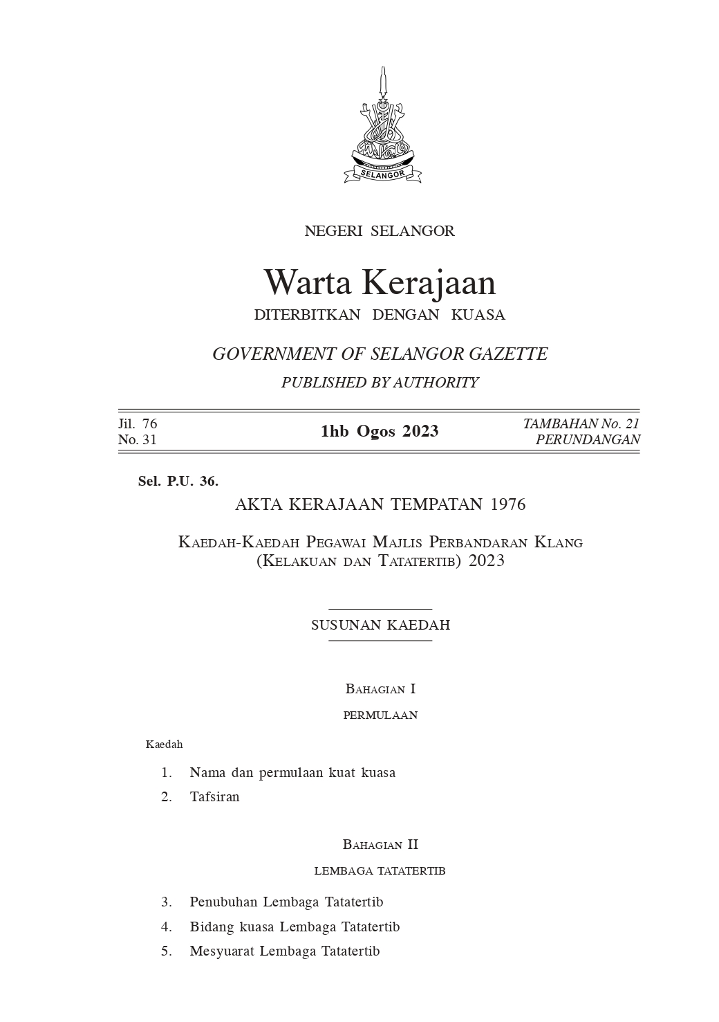 Kaedah-Kaedah Pegawai Majlis Perbandaran Klang (Kelakuan dan Tatatertib) 2023