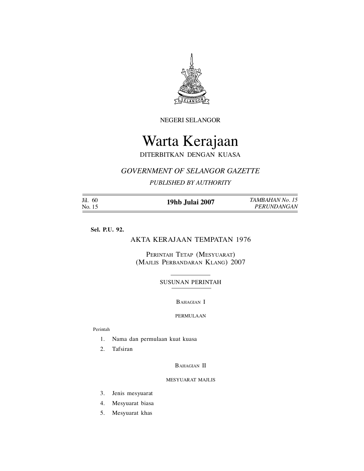 Perintah Tetap (Mesyuarat) (Majlis Perbandaran Klang) 2007 - Akta Kerajaan Tempatan 1976