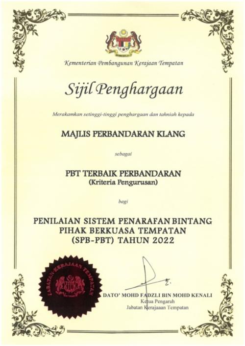LOCAL AUTHORITY STAR RATING SYSTEM AWARD (SPB-PBT) YEAR 2022