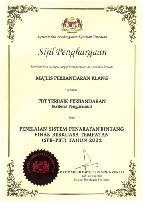 ANUGERAH SISTEM PENARAFAN BINTANG PIHAK BERKUASA TEMPATAN (SPB-PBT) TAHUN 2022