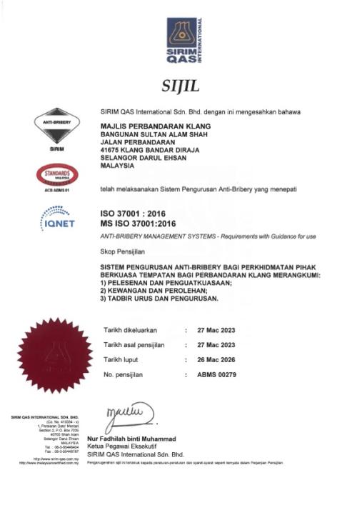 SIJIL BAGI ANTI-BRIBERY MANAGEMENT SYSTEM (ABMS) / SISTEM PENGURUSAN ANTI-RASUAH (SPAR) MS ISO 37001:2016