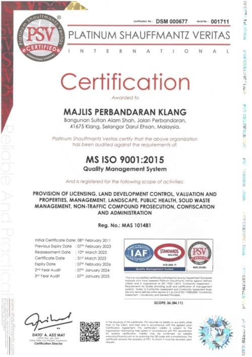 SIJIL MS ISO 9001:2015 SISTEM PENGURUSAN KUALITI (SPK)