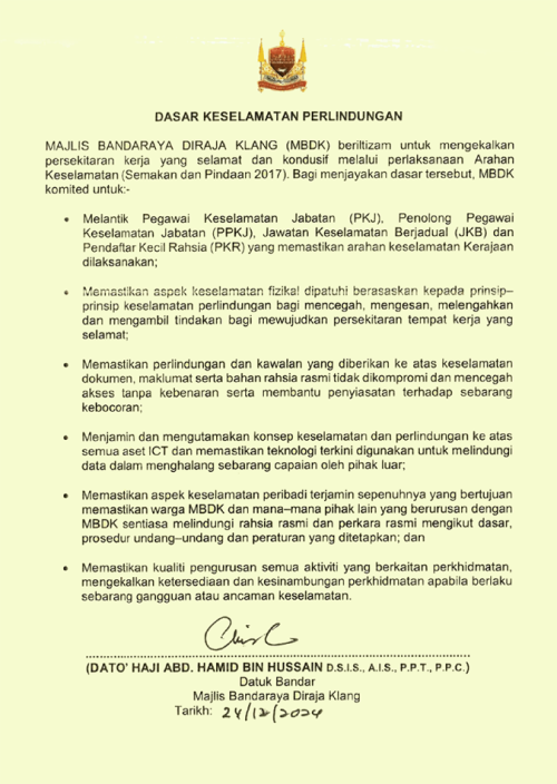 DASAR KESELAMATAN PERLINDUNGAN MAJLIS BANDARAYA DIRAJA KLANG