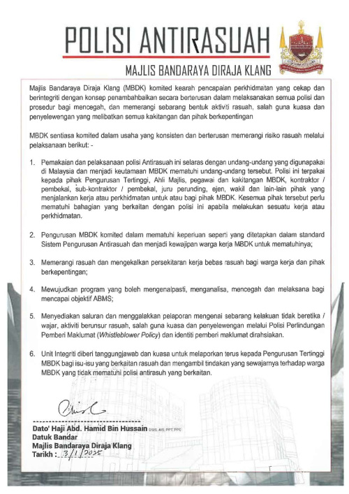 POLISI ANTIRASUAH MAJLIS BANDARAYA DIRAJA KLANG