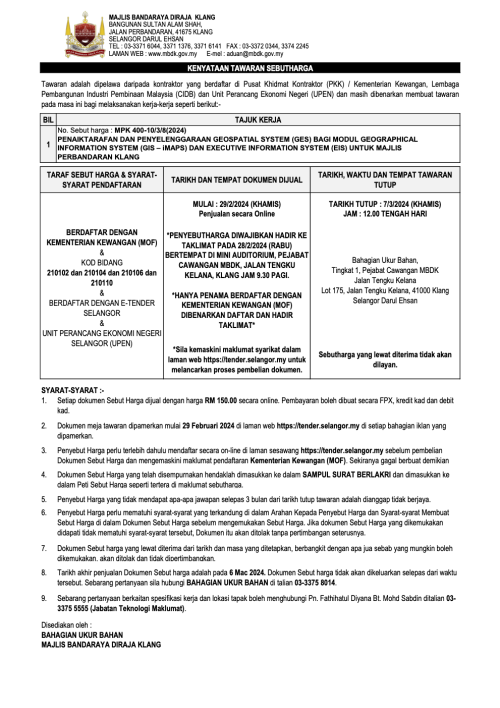 Penaiktarafan Dan Penyelenggaraan Geospatial System (GES) Bagi Modul Geographical Information System (GIS – iMAPS) Dan Executive Information System (EIS) Untuk Majlis Perbandaran Klang